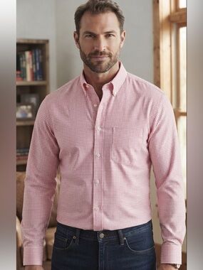 Double Pump pink gingham
Men's Slim Fit 100% Cotton 
Button-Down Shirt EUC sz M